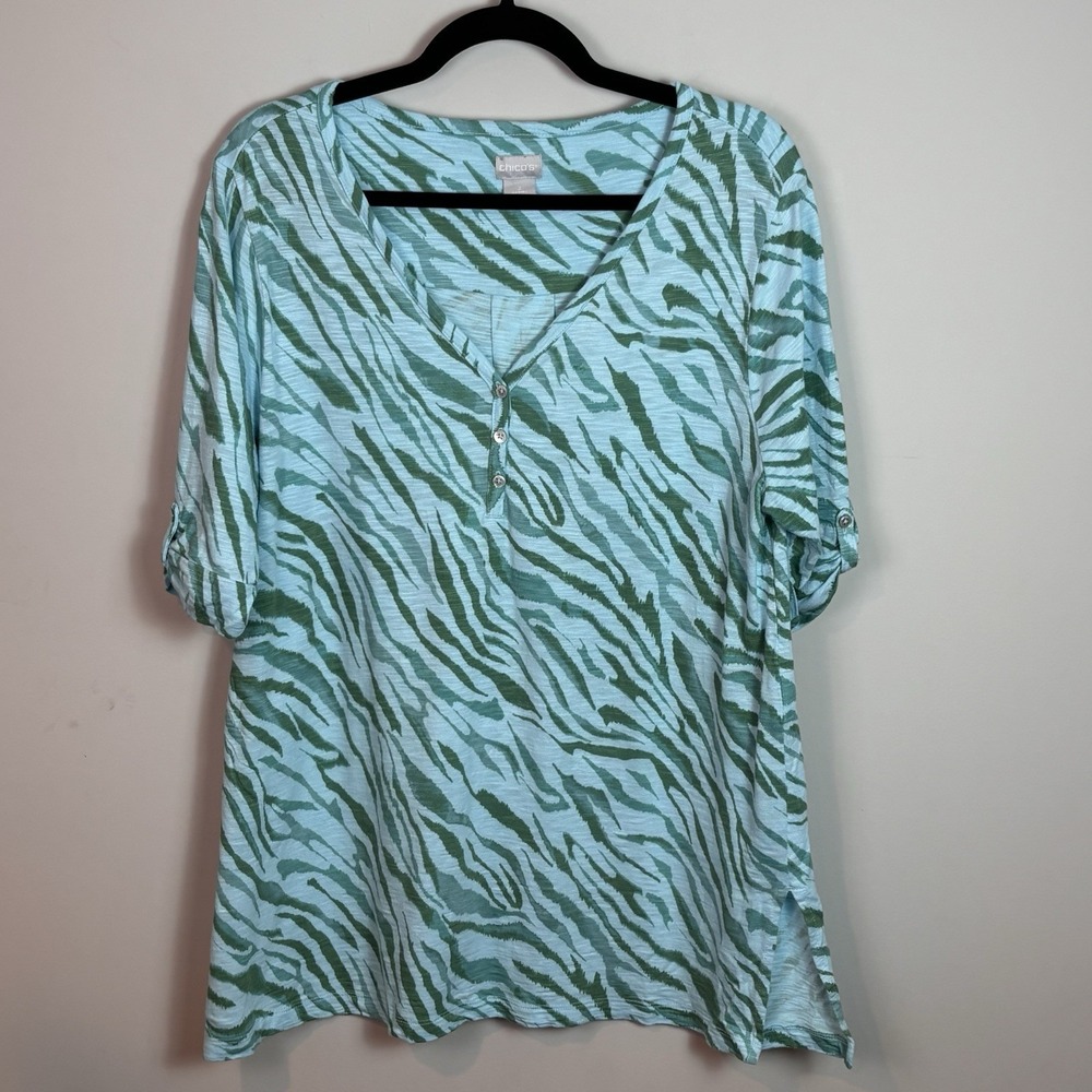 Chicos Women's Green Blue Zebra Print Half Sleeve Stretch Blouse Sz 2/Lg Cotton